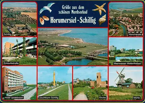 AK / Ansichtskarte  Schillig_Horumersiel_Nordseebad Fliegeraufnahmen Schillig Horumeriel Einkaufsstrasse Meerwasser Wellenbad Hotel Uptalsboom Leuchtturm Kirche Muehle