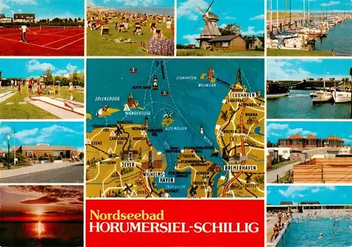 AK / Ansichtskarte  Schillig_Horumersiel_Nordseebad Tennis Strand Muehle Bootshafen Minigolf Abendstimmung Gebietsarte Hotels Freibad