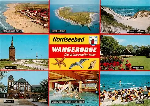 AK / Ansichtskarte  Wangerooge_Wangeroog_Nordseebad Badestrand Fliegeraufnahme Duenen Westturm Bahnhof Meerwasser Hallenbad Kurgarten Strand