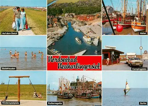 AK / Ansichtskarte  Neuharlingersiel Auf dem Deich Badefreuden Kinderspielplatz Fliegeraufnahme Kutterregatta Hafen Campingplatz Surfer