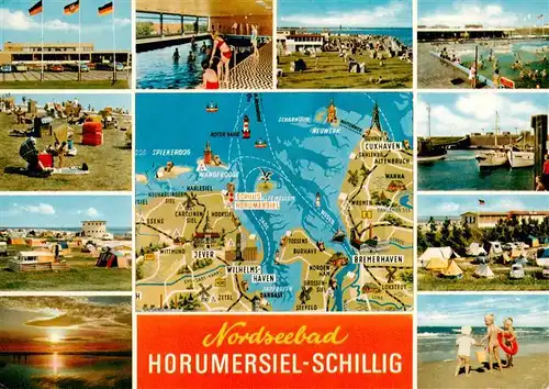 AK / Ansichtskarte 73930190 Schillig_Horumersiel_Nordseebad Kurhaus Strandpartien Cafe Hafen Camping Gebietskarte