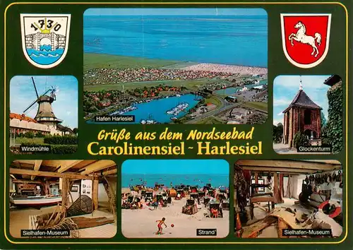 AK / Ansichtskarte 73930195 Carolinensiel-Harlesiel_Ostfriesland Windmuehle Hafen Harlesiel Glockenturm Sielhafen Museum Strand Sielhafen Museum