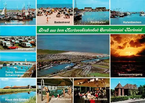 AK / Ansichtskarte  Carolinensiel-Harlesiel_Ostfriesland Krabbenkutter Badestrand Yachthafen Hafenbecken Camping Seewasser Schwimmbad Haus des Gastes Sole Hallenbad Ev Kirche