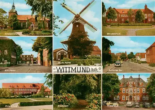 AK / Ansichtskarte 73930217 Wittmund Nikolaikirche Markt Mittelschule Siuts Muehle Stadtpark Berufsschule Auricher Strasse Kreishaus