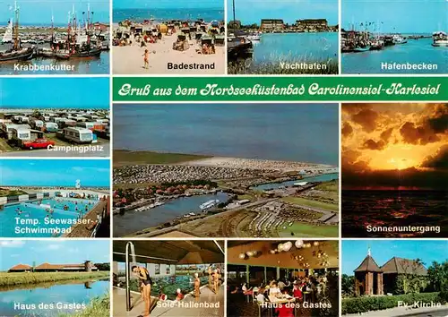 AK / Ansichtskarte  Carolinensiel-Harlesiel_Ostfriesland Krabbenkutter Campingplatz Seewasser Schwimmbad Haus des Gastes Badestrand Yachthafen Hafenbecken Fliegeraufnahme Sole Hallenbad Haus des Gastes Ev Kirche