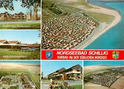 AK / Ansichtskarte  Schillig_Horumersiel_Nordseebad Ferienhaus Wattenmeer AWO Erholungsheim Badestrand Einkaufsstrasse Fliegeraufnahmen