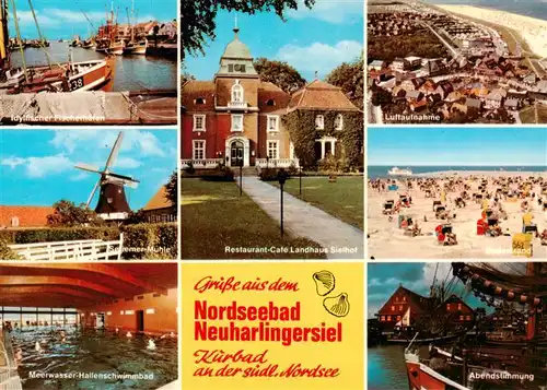 AK / Ansichtskarte  Neuharlingersiel Fischerhafen Seriemer Muehle Meerwasser Hallenschwimmbad Restaurant Landhaus Sielhof Fliegeraufnahme Strand Abendstimmung