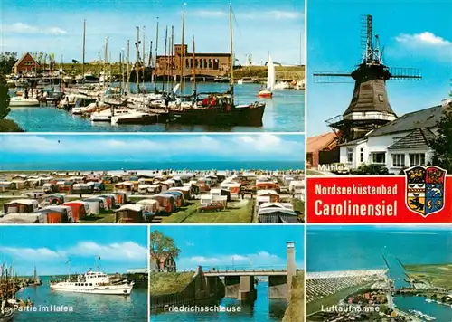 AK / Ansichtskarte 73930263 Carolinensiel_Ostfriesland Fischerhafen Campingplatz Partie im Hafen Friedrichsschleuse Fliegeraufnahme Muehle