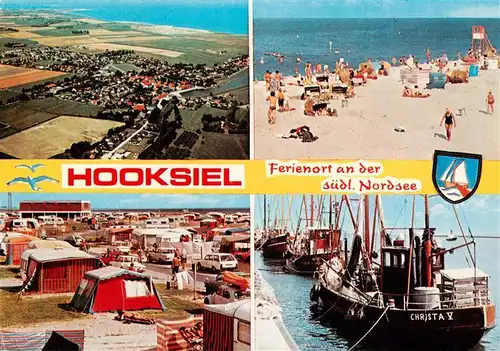 AK / Ansichtskarte 73930281 Hooksiel_Nordseebad Fliegeraufnahme Strand Camping Fischkutter