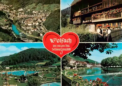 AK / Ansichtskarte 73930326 Wolfach_Schwarzwald Luftaufnahme Trachten Freibad Partie an der Kinzig