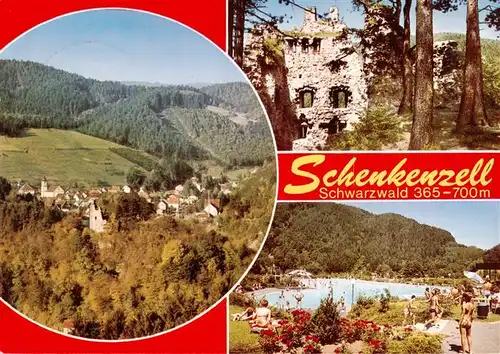 AK / Ansichtskarte 73930397 Schenkenzell Panorama Luftkurort im Schwarzwald Burgruine Freibad