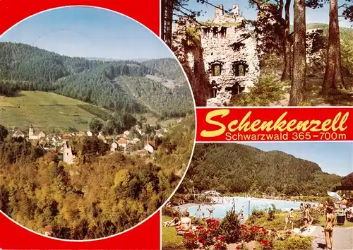 AK / Ansichtskarte  Schenkenzell Panorama Luftkurort im Schwarzwald Burgruine Freibad