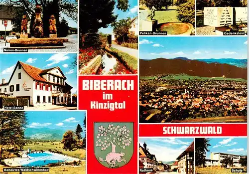 AK / Ansichtskarte 73930472 Biberach_Kinzigtal_Baden Panorama Erholungsort im Schwarzwald Brunnen Gedenkstein Hotel Freibad Schule Rathaus Wappen