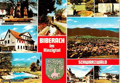 AK / Ansichtskarte  Biberach_Kinzigtal_Baden Panorama Erholungsort im Schwarzwald Brunnen Gedenkstein Hotel Freibad Schule Rathaus Wappen