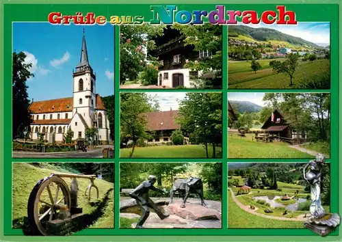 AK / Ansichtskarte  Nordrach Panorama Luftkurort im Schwarzwald Kirche Denkmal Muehle Plastik Statue Wasserrad