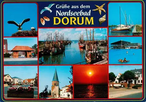 AK / Ansichtskarte 73930626 Dorum_Nordseebad Storchennest Kutterhafen Eingang Yachthafen Kirche Schwimmbad