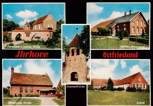 AK / Ansichtskarte 73930639 Ihrhove_Westoverledingen Ehrenmal und reform Kirche Ostfries Bauernhof Altreform Kirche Glockenturm Schule