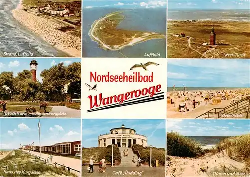 AK / Ansichtskarte  Wangerooge_Wangeroog_Nordseebad Fliegeraufnahmen Westturm Leuchtturm mit Hindenburgplatz Strandleben Haus des Kurgastes Cafe Pudding Duenen