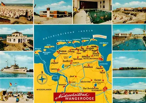 AK / Ansichtskarte  Wangerooge_Wangeroog_Nordseebad Strand Cafe Pudding MS Wangerooge Kurhaus Hallenbad Freibad Inselbahn Wellenbad