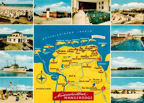 AK / Ansichtskarte 73930683 Wangerooge_Wangeroog_Nordseebad Strand Cafe Pudding MS Wangerooge Kurhaus Hallenbad Freibad Inselbahn Wellenbad