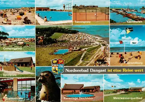 AK / Ansichtskarte 73930710 Dangast_Nordseebad Badestrand Meerwasserquellbad Tennisplatz Yachthafen Campingplatz Fliegeraufnahme Strandburg Schwimmhalle Kuranlage Deichhoern 