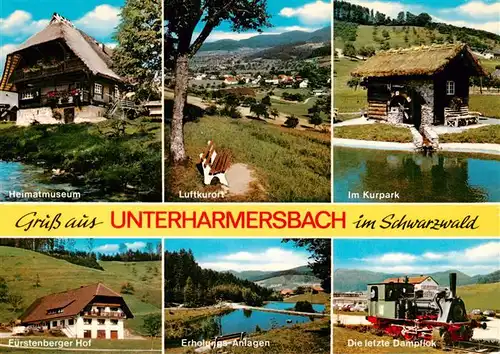 AK / Ansichtskarte  Unterharmersbach Heimatmuseum Panorama Im Kurpark Fuerstenberger Hof Erholungsanlagen Letzte Damplok