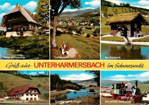 AK / Ansichtskarte  Unterharmersbach Heimatmuseum Panorama Kurpark Fuerstenberger Hof Erholungsanlagen Letzte Dampflok