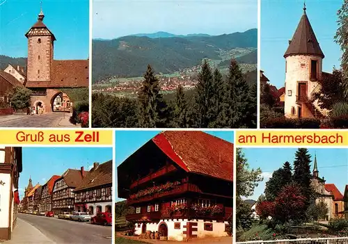 AK / Ansichtskarte 73930786 Zell_Harmersbach Storchenturm Panorama Hirschturm Ortspartie Gasthaus Kirche