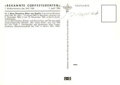 AK / Ansichtskarte  Studentika Hans Demetrius Ritter von Hopfen