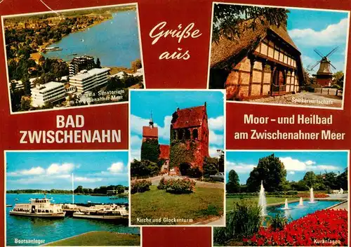 AK / Ansichtskarte 73930986 Bad_Zwischenahn Rheuma Sanatorium Spiekerwirtschaft Bootsanleger Kirche und Glockenturm Kuranlagen