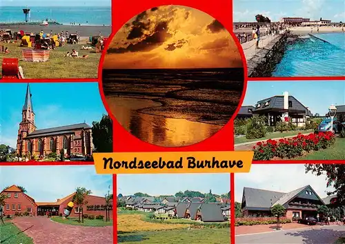 AK / Ansichtskarte  Burhave_Nordseebad Strandpartie Kirche Bungalowsiedlung Promenade