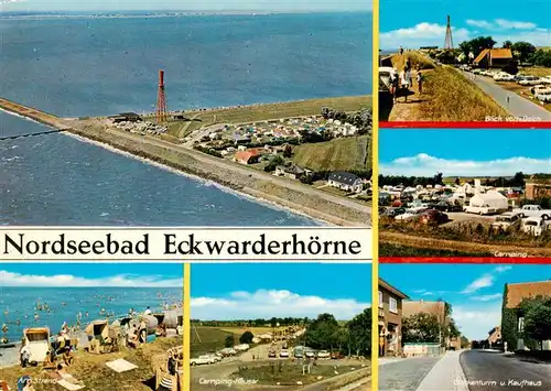 AK / Ansichtskarte 73931027 Eckwarderhoerne_Butjadingen Fliegeraufnahme Promenade Camping Strandpartien Glockenturm und Kaufhaus