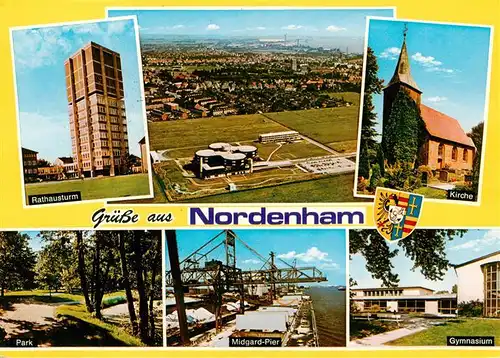 AK / Ansichtskarte  Nordenham Rathausturm Fliegeraufnahme Kirche Park Midgard Pier Gymnasium