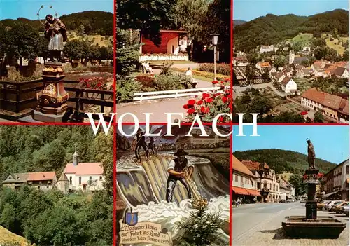 AK / Ansichtskarte 73931094 Wolfach_Schwarzwald Denkmal Konzertbuehne Panorama Kirche Wolfacher Floesser Brunnen