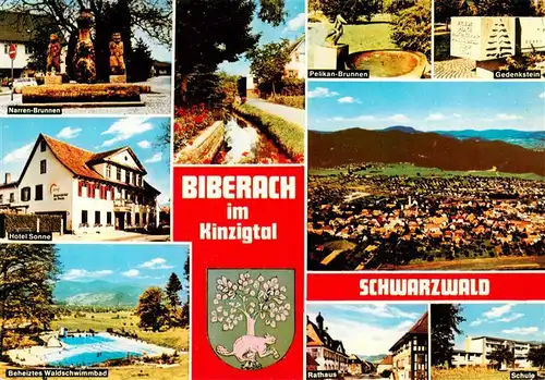 AK / Ansichtskarte 73931113 Biberach_Baden Narren Brunnen Hotel Sonne Waldschwimmbad Pelikan Brunnen Gedenkstein Rathaus Schule