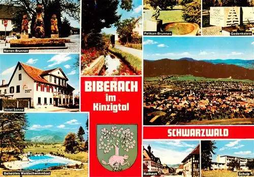 AK / Ansichtskarte 73931118 Biberach_Baden Narren Brunnen Hotel Sonne Waldschwimmbad Pelikan Brunnen Gedenkstein Rathaus Schule