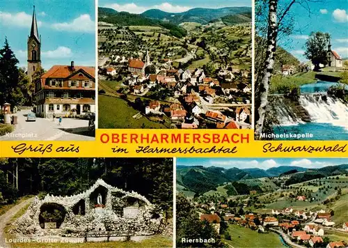 AK / Ansichtskarte  Oberharmersbach Kirchplatz Fliegeraufnahme Michaelskapelle Lourdes Grotte Zuwald Riersbach