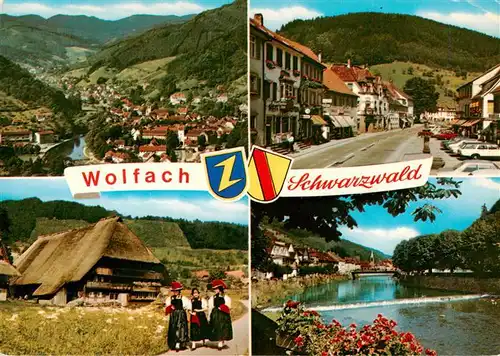 AK / Ansichtskarte 73931157 Wolfach_Schwarzwald Panorama Ortsansicht Schwarzwaldhaus Trachtenmaedchen Kinzigpartie