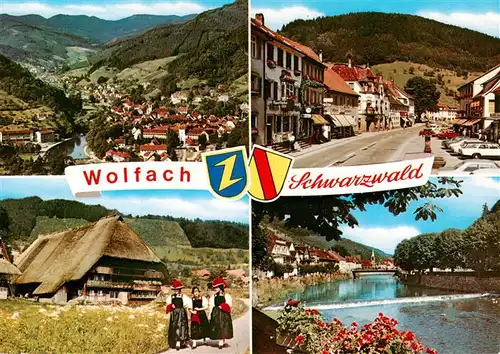 AK / Ansichtskarte 73931248 Wolfach_Schwarzwald Panorama Ortspartie Schwarzwaldhaus Trachten Kinzigpartie