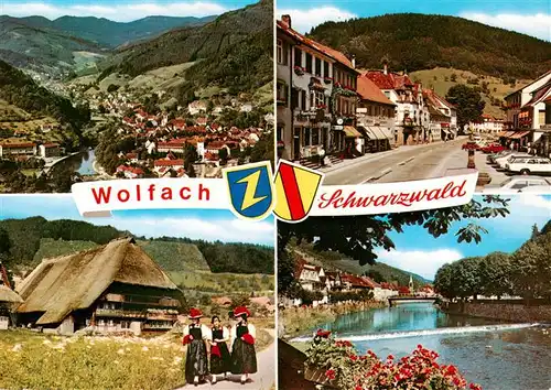 AK / Ansichtskarte  Wolfach_Schwarzwald Panorama Ortspartie Schwarzwaldhaus Trachten Kinzigpartie