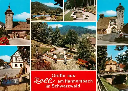AK / Ansichtskarte 73931300 Zell_Harmersbach Storchenturm Panorama Wassertreten Hirschturm Brunnen Kirche Partie am Harmersbach