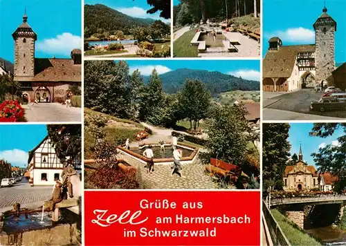 AK / Ansichtskarte  Zell_Harmersbach Storchenturm Panorama Wassertreten Hirschturm Brunnen Kirche Partie am Harmersbach