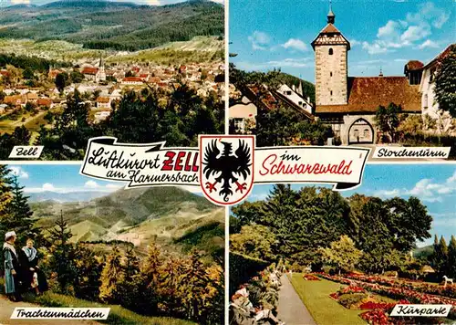 AK / Ansichtskarte 73931303 Zell_Harmersbach Fliegeraufnahme Storchenturm Trachtenmaedchen Kurpark