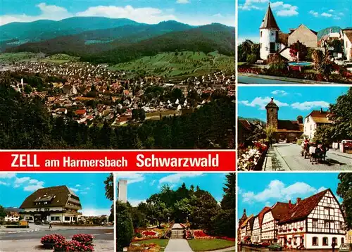 AK / Ansichtskarte 73931324 Zell_Harmersbach Panorama mit Hirschturm Storchenturm Kurklinik Ortenau Pfarrhofgraben und Park