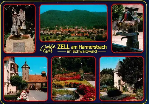 AK / Ansichtskarte 73931325 Zell_Harmersbach Brunnen Panorama Storchenturm Kurpark Hirschturm