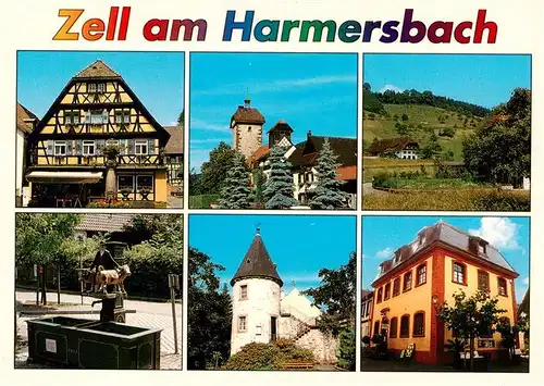 AK / Ansichtskarte 73931327 Zell_Harmersbach Fachwerkhaus Storchenturm Panorama Brunnen Hirschtuermle