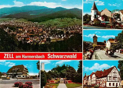 AK / Ansichtskarte  Zell_Harmersbach Panorama mit Hirschturm Storchenturm Kurklinik Ortenau Pfarrhofgraben und Park