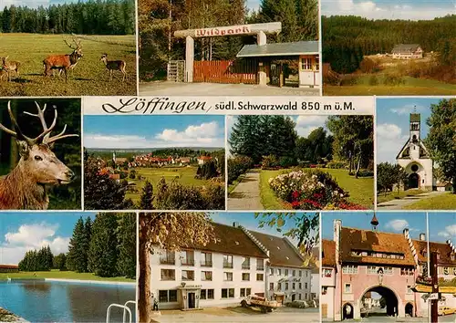 AK / Ansichtskarte 73931365 Loeffingen Wildpark Loeffingen Hirsche Eingang Panorama Park Kirche Schwimmbad Gasthaus Stadttor