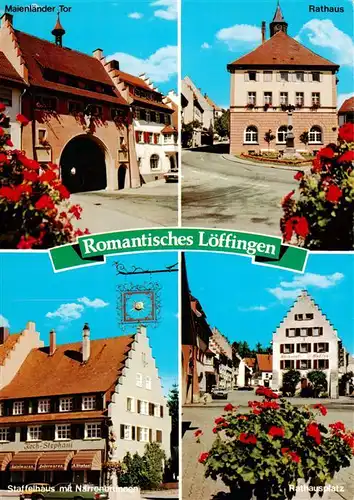 AK / Ansichtskarte 73931375 Loeffingen Maienlaender Tor Rathaus Staffelhaus mit Narrenbrunnen Rathausplatz