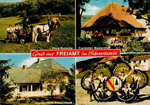 AK / Ansichtskarte 73931605 Freiamt_Emmendingen_BW Pony Kutsche Freiaemter Bauernhof Wanderheim Kreuzmoos Landjugend Volkstanzgruppe